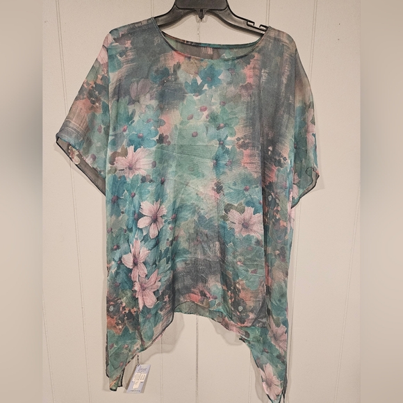 Coynes Womens Floral Scarf Poncho Top Shawl One Size Colorful Green Sheer - Picture 1 of 5